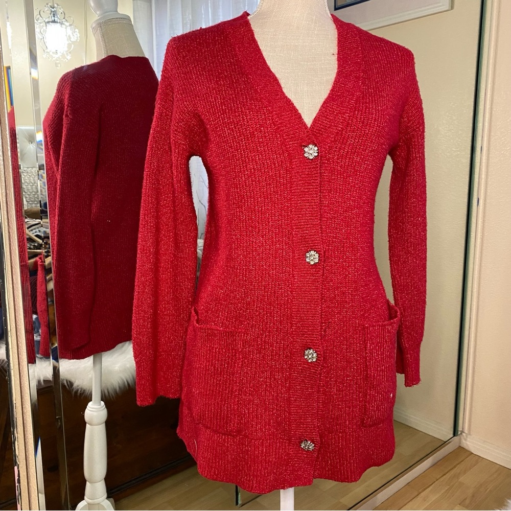 LOFT Red Cardigan with Jeweled Buttons